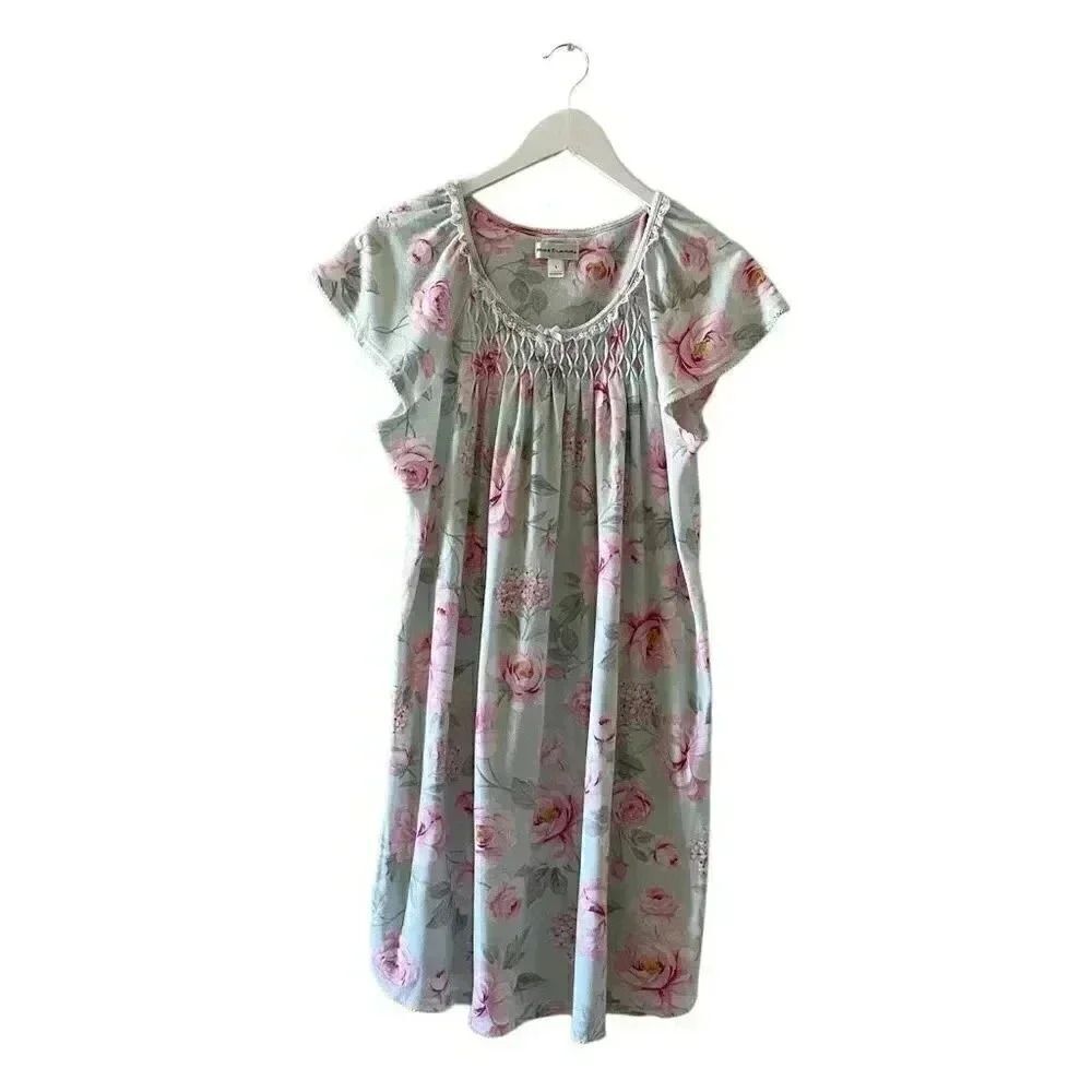 Miss Elaine Granny Lace Floral Green Pink Short Sleeves Oversized Sleep L # 1362